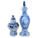 Delft square section lidded vase with lion finial, also another octagonal vase.