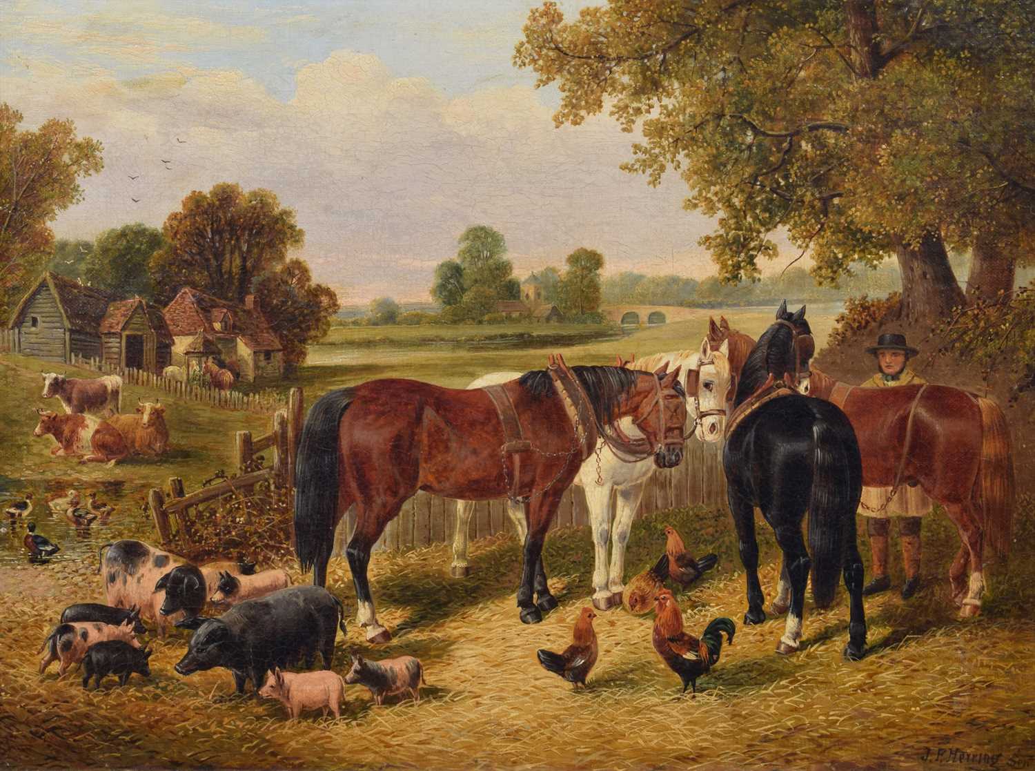 Style of John Frederick Herring Snr. (1795-1865) Farmyard scene with figure and horses, pigs, chicke