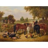 Style of John Frederick Herring Snr. (1795-1865) Farmyard scene with figure and horses, pigs, chicke