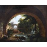 English School, 18th century Rural scene with stone archway, figures and a waterwheel