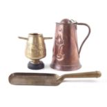 Joseph Sankey Arts and Crafts copper jug, crumb scoop