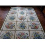 20th century tapestry carpet with 15 panels of flower design 374 x 251cm