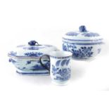 Two Chinese export porcelain tureens and a tankard