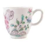 Bow good coffee cup painted in famille rose style with chrysanthemum and holed rocks c. 1755.