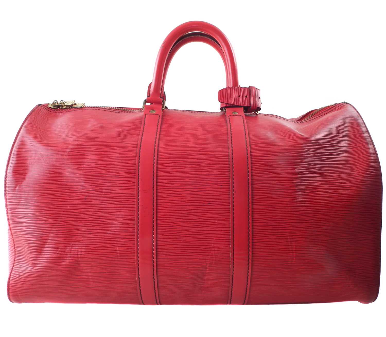 A Louis Vuitton red Epi Keepall 45 luggage bag,