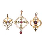 Three early 20th century gem-set pendants,