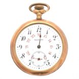 A gold plated open face pocket watch,