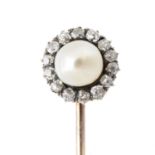 A natural saltwater pearl and diamond stickpin,