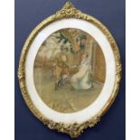 Oval framed stumpwork 19th century picture depicting courting couple