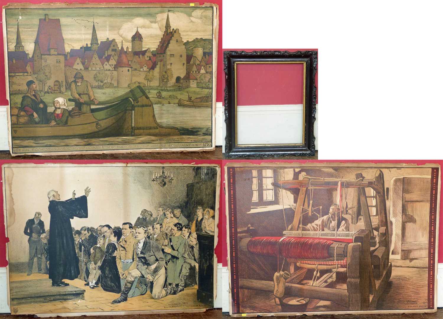 Three Dutch coloured prints and a Chinese frame