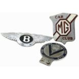 M.G. Car Club, The Vintage Car Club and Bentley Car badges.