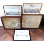 Framed map, Gilling, Yorkshire, raised contour and a map plan Manchester and three others