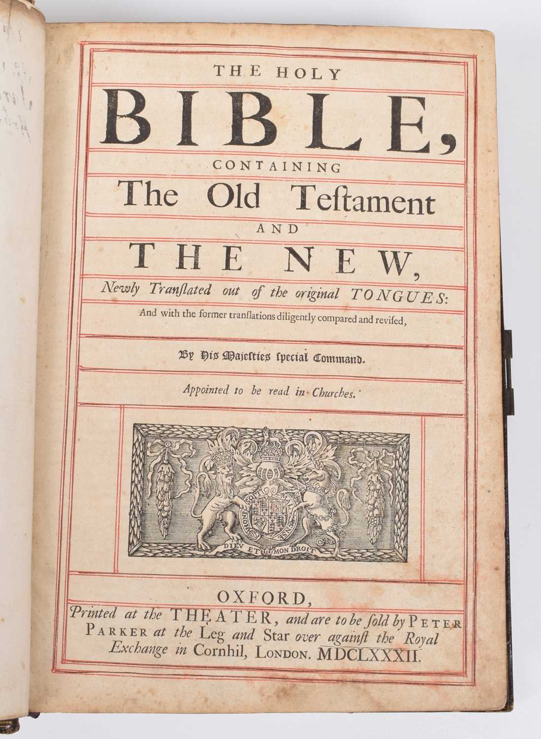 Holy Bible, King James Authorized Version, printed at the Theater, sold by Peter Parker, 1682.