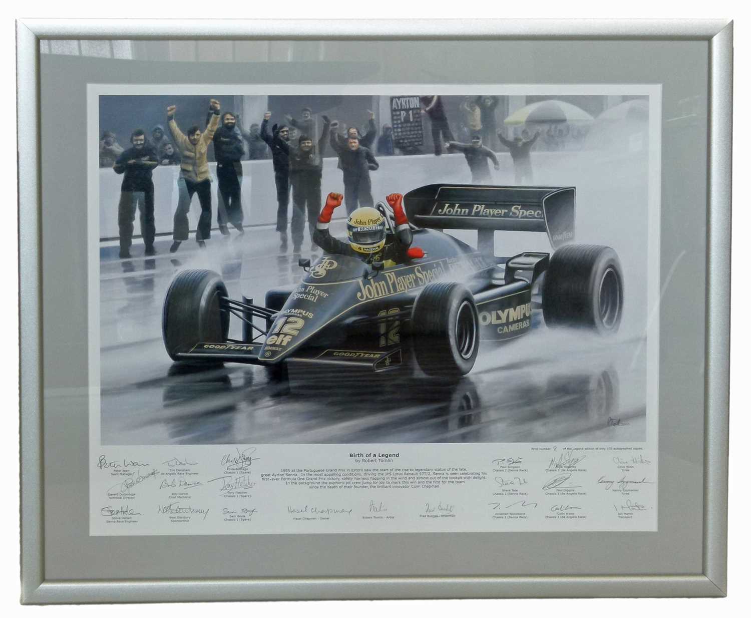 "Birth of a Legend" Senna in JPS Lotus, signed by the race team.