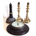 Edwardian barometer, pair of gilt metal table lamps and Cornish serpentine lighthouse.