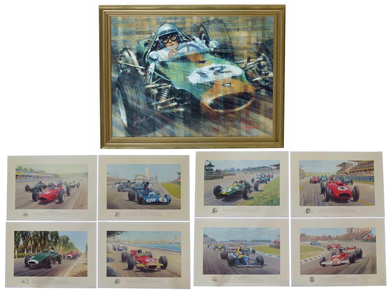 Print on canvas, Jack Brasham signed by Brabham etc.