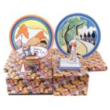 Two Wedgwood Clarice Cliff chargers a bowl and Orange Lady figure, boxed, decorated with May Avenue