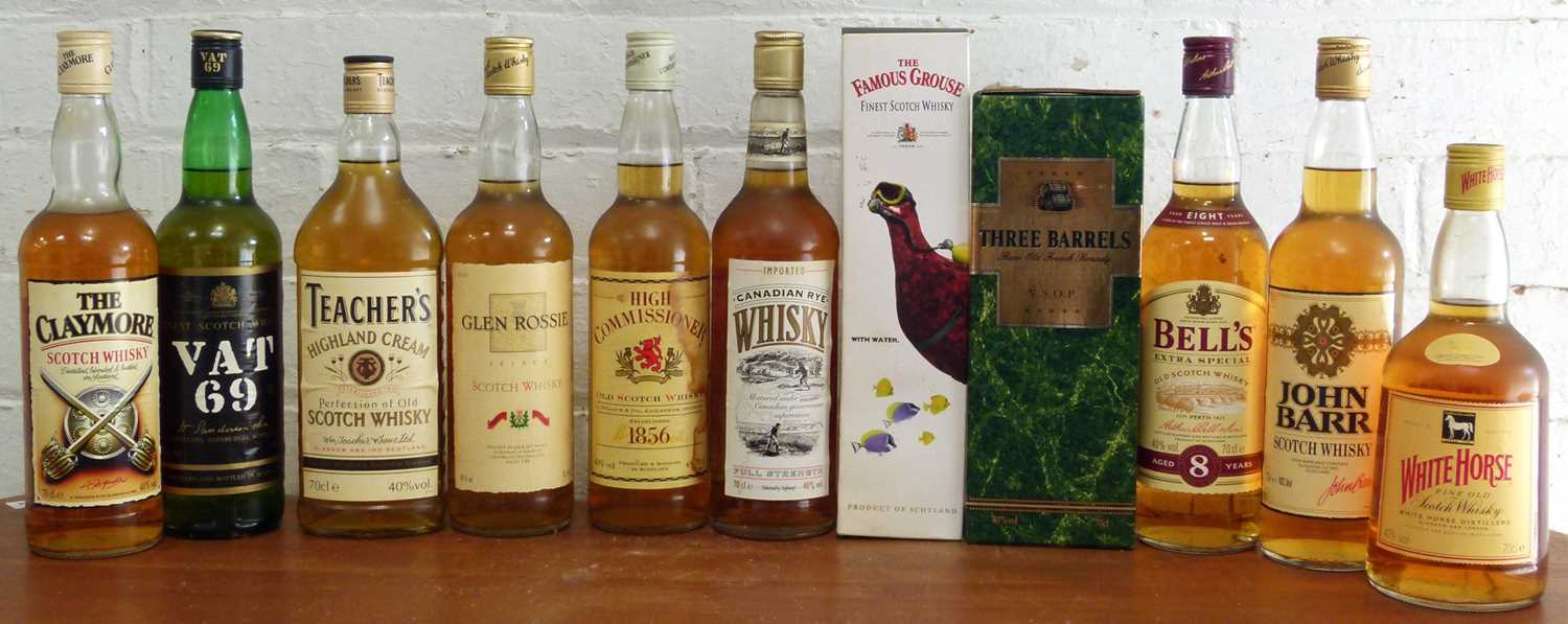 11 Bottles Mixed Lot Proprietary Scotch Whisky, Canadian Whisky and French Brandy