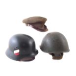 Italian WWII helmet, replica German helmet and a British REME Cap,