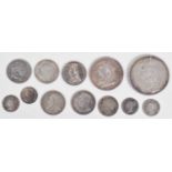Selection of silver mainly British historical coinage to include Queen Victoria, Crown, 1889.