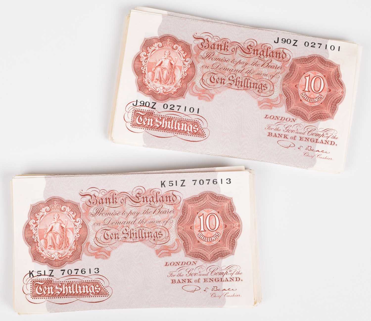 Sixty-eight Ten Shillings banknotes, Series "A" Britannia Issue (68).