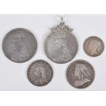 Quantity of silver coins to include 1891 Victoria silver crown and three Dutch silver coins.