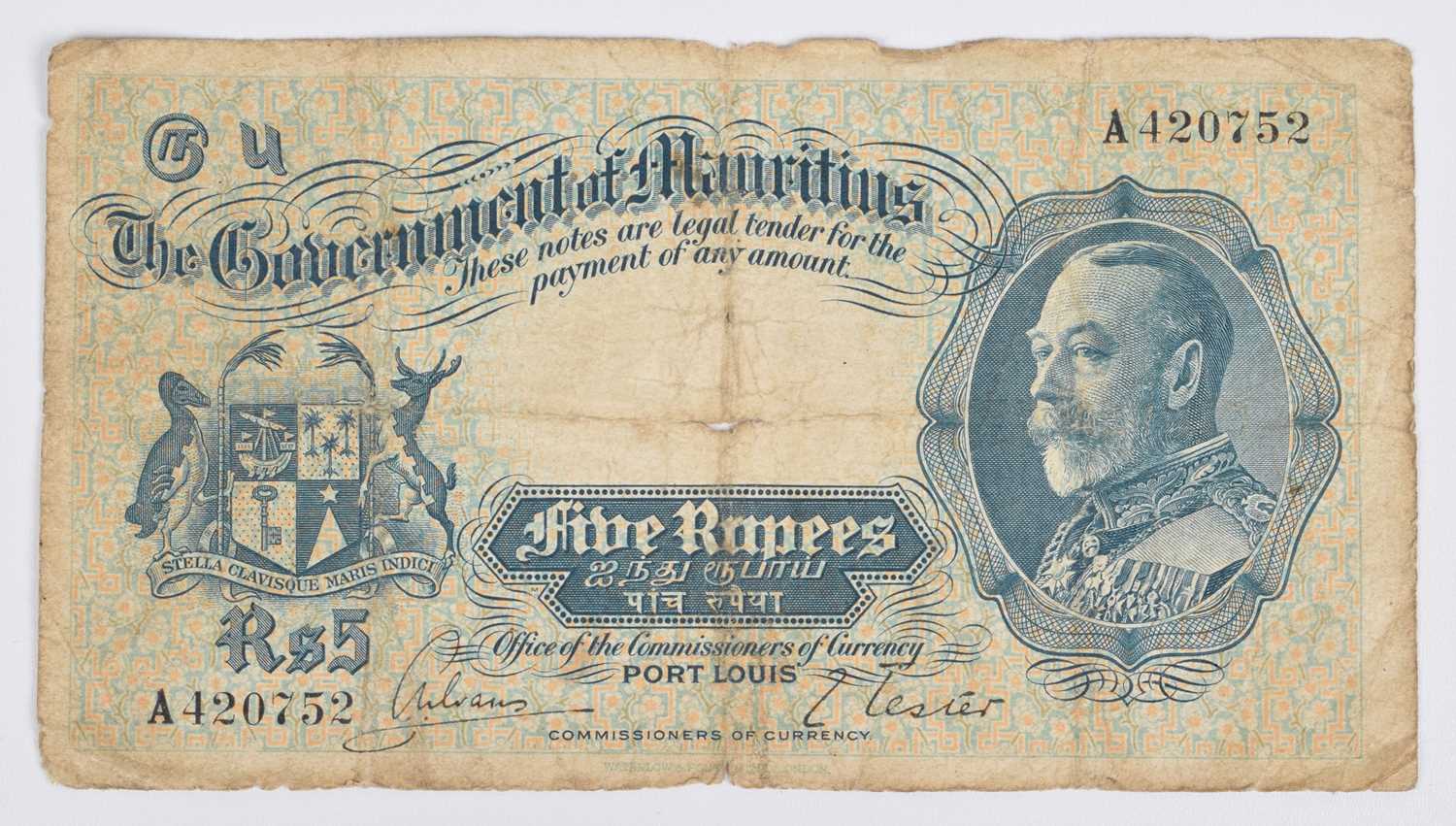 King George V, Five Rupees, Mauritius banknote, very rare.