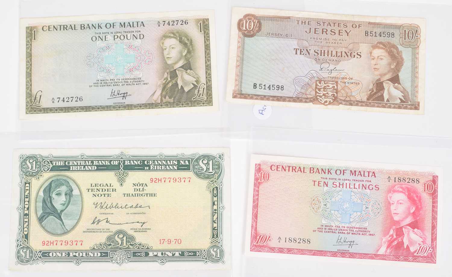 Selection of banknotes from Malta, Scotland and Ireland.