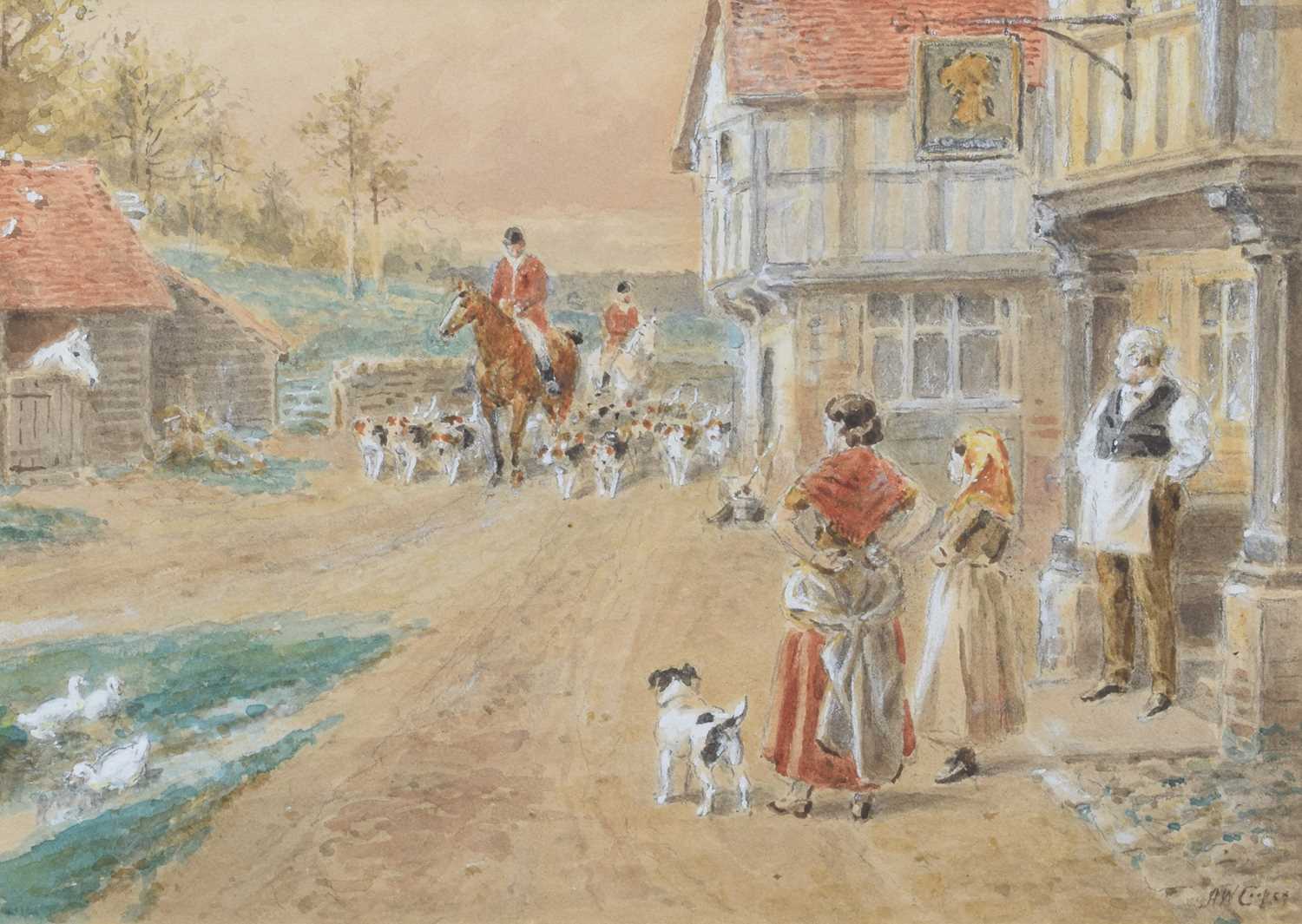 Alfred William Cooper (fl.1850-1901) Huntsmen and hounds approaching a tavern