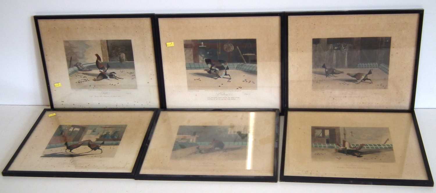 Six framed fielding cock fighting prints "Death", "Recovery", "Set Too" etc.