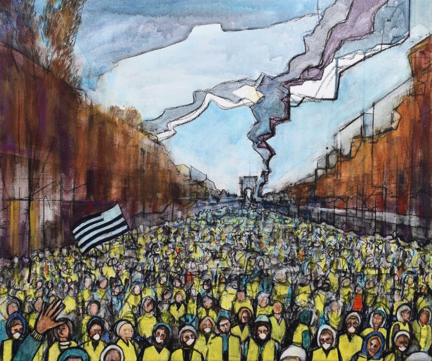 Nicholas Ferenczy, 20th/21st century "Gilet Jaune with Gwenn-ha-du flag, Champs Elysees"