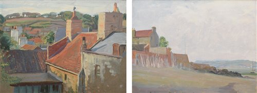 John Bulloch Souter (Scottish 1890-1972) "Rooftops, St. Aubin, Jersey" and another coastal scene