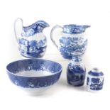 Collection of blue transfer ware including two jugs