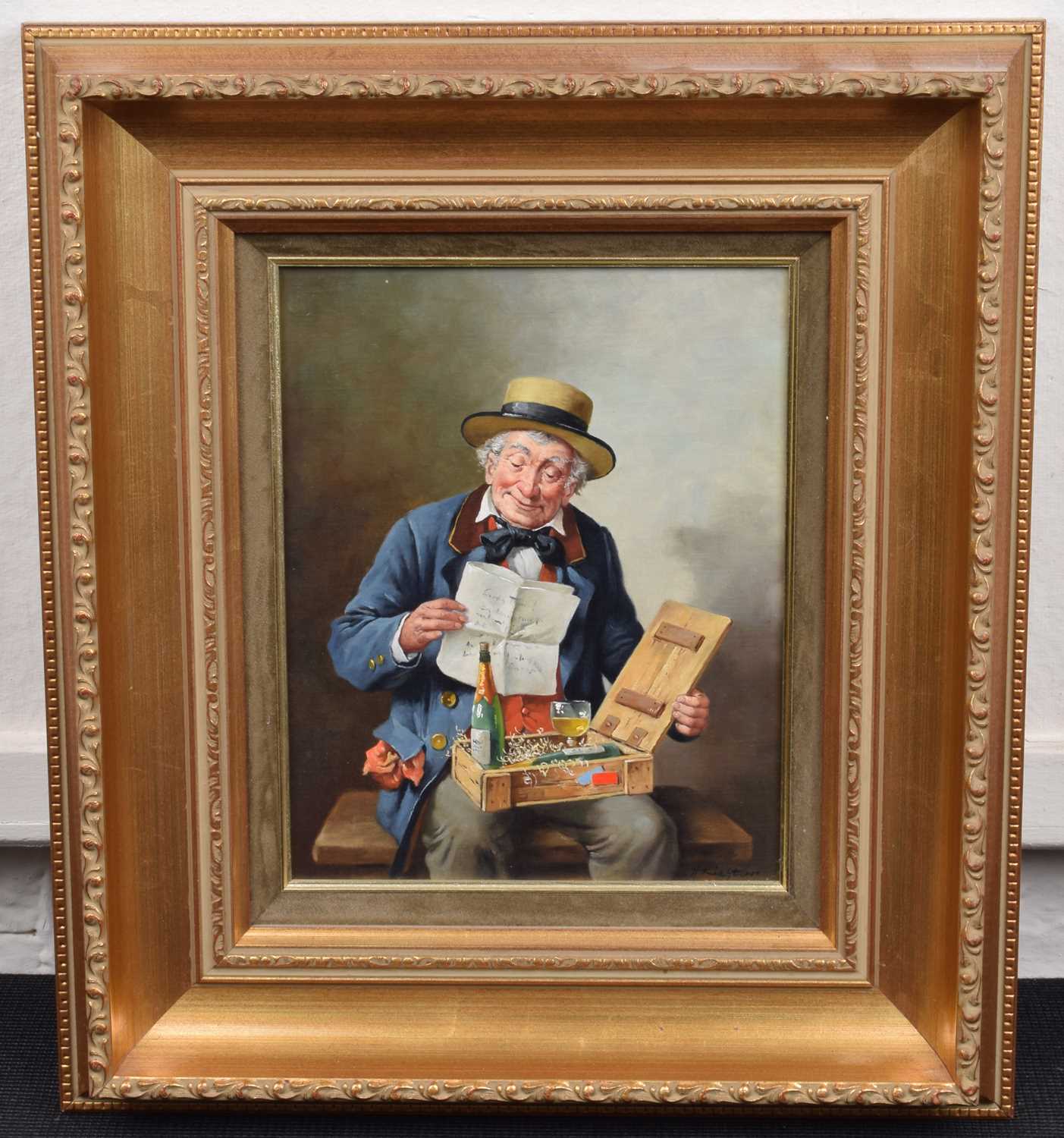 H. Richtor, 20th century Portrait of a seated gentleman with a gift box - Image 2 of 2