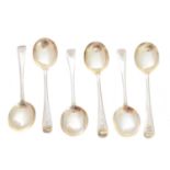 Six George V silver soup spoons,