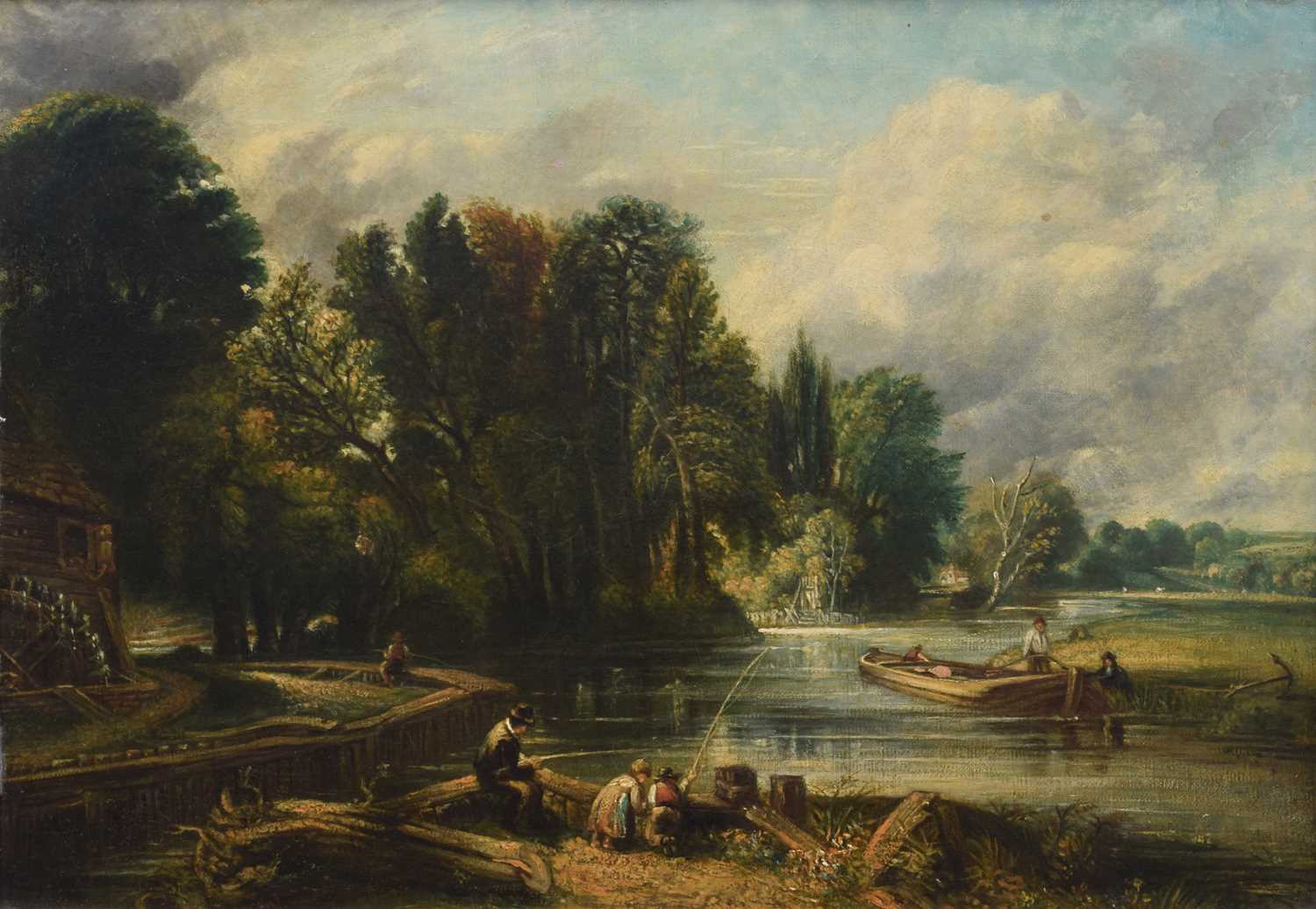 English School, 19th century River scene with figures