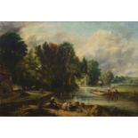 English School, 19th century River scene with figures