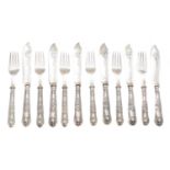 A set of silver fish knives and forks,