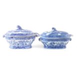 Two blue transfer small tureens with ladles,