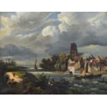 Continental School, 19th century Stormy river scene with boats and town beyond