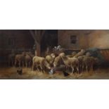 Jules Bathieu (Belgian 1880-1920) Sheep and chickens in a stable