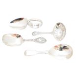 Three George III and later silver caddy spoons,
