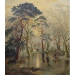 William R. Stone (British 1842-1913) Winter woodland scene with figures on a frozen pond