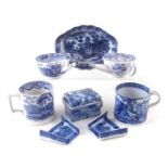 Collection of blue transfer ware including soap dish