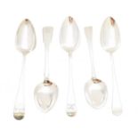 Five George III and later silver table spoons,