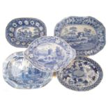 Five 19th century blue transfer meat plates,