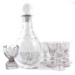 Georgian glass decanter, set of six glasses and two salts.