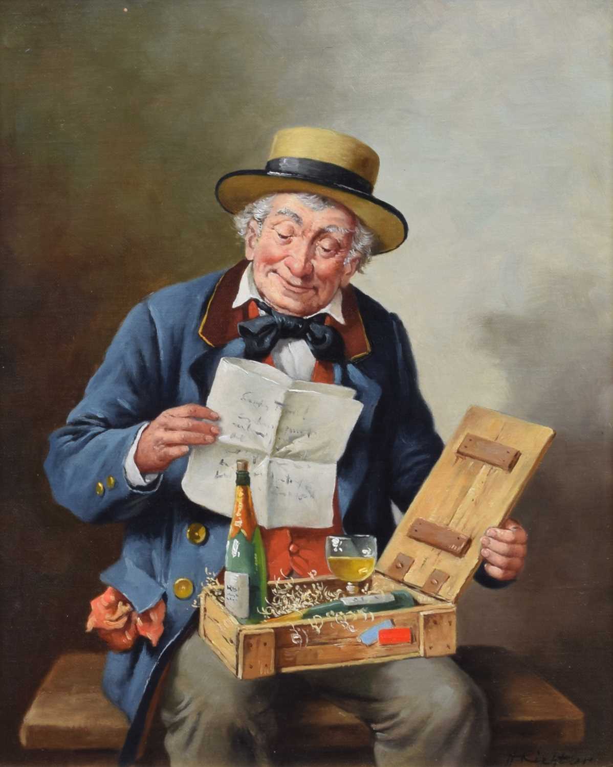 H. Richtor, 20th century Portrait of a seated gentleman with a gift box