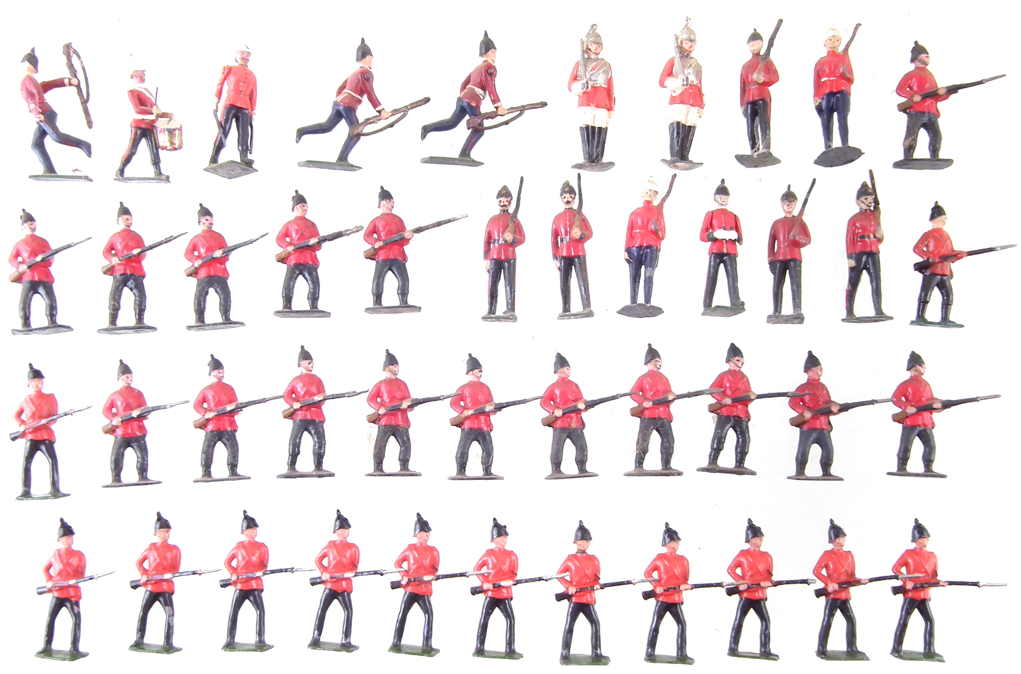 Forty four British army metal soldiers by J. Hill and Co. and Britains.