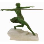 20th-century French white metal, green painted figure of a Javelin thrower